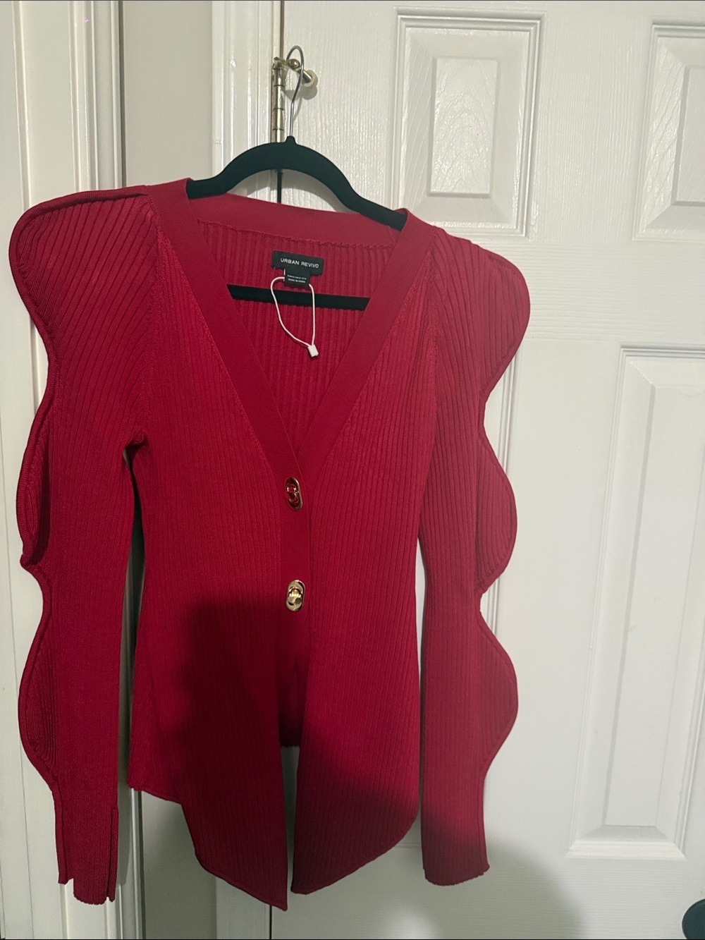 Urban Revivo Red Ribbed V-Neck Cardigan with Statement Puff Sleeves